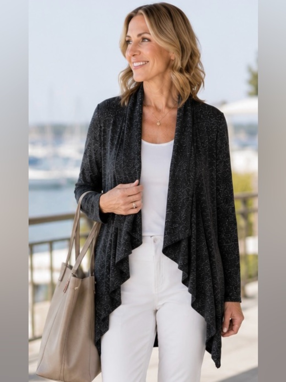 Clara Sun Woo Drape Stretch Knit Tunic Open Front Cardigan Wrinkle Free Marled M